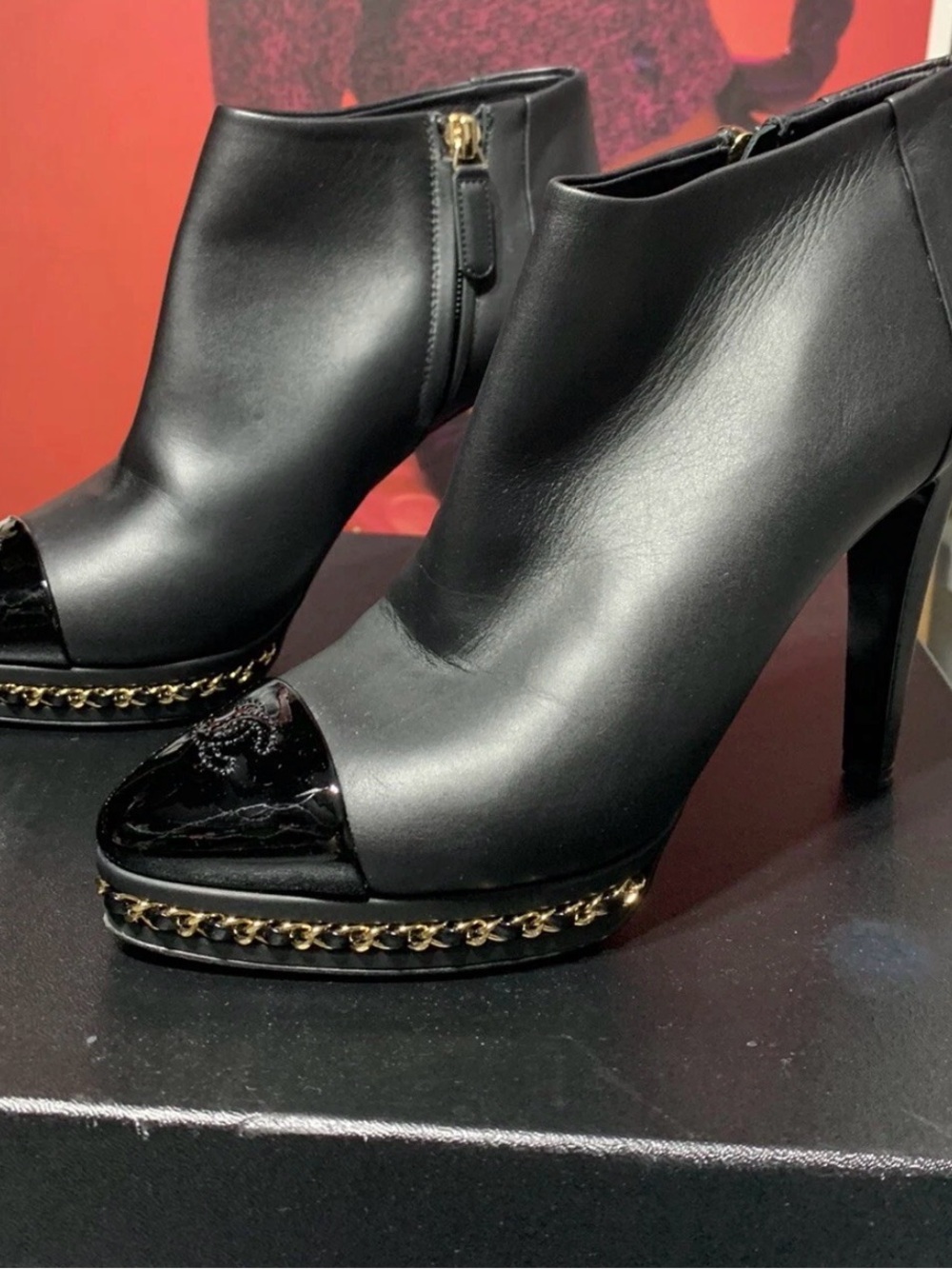 CHANEL Black Leather Chain-Trim Platform Ankle Boots